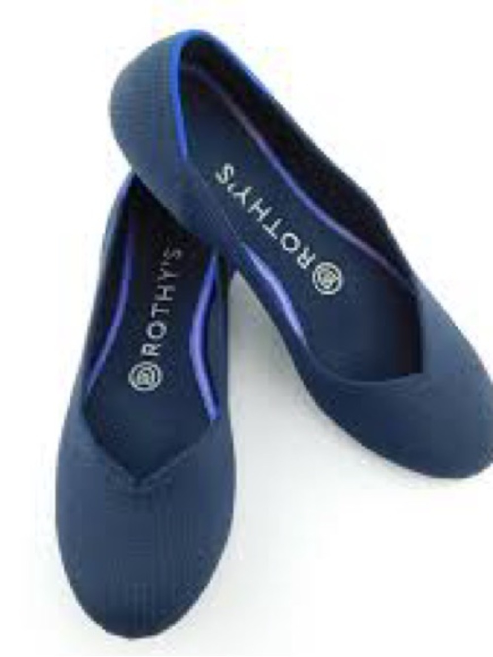 Rothy's navy blue round-toe knit flat shoes featuring a distinctive bright blue - Picture 3 of 12